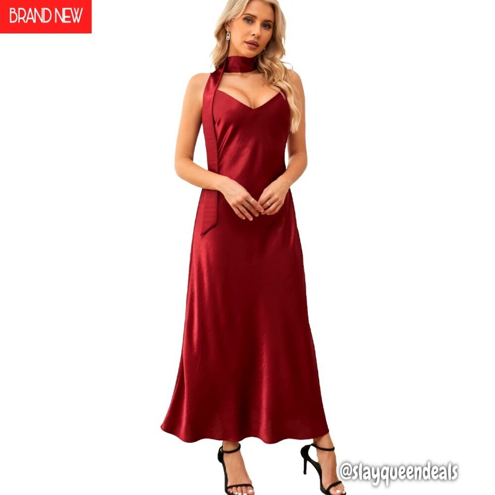 Satin Maxi Dress with Detachable Scarf, V-Neck, Formal Wear